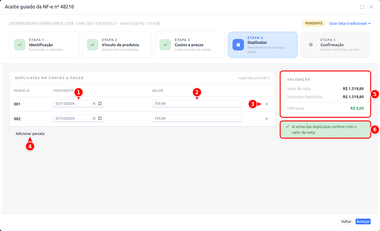 Quarta etapa com Vencimento, Valor, remover parcela, Adicionar parcela, Validação e o aviso de conferência numerados de 1 a 6