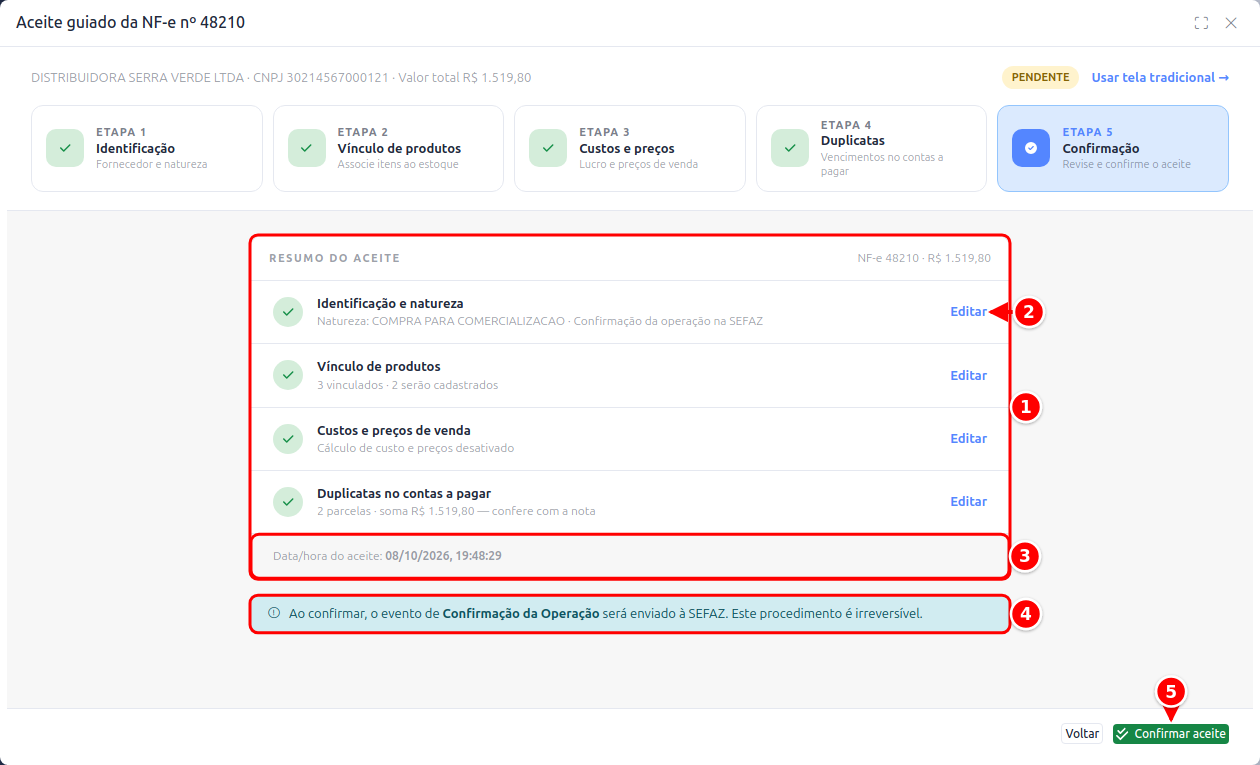 Última etapa com o Resumo do aceite, os links Editar, a data e hora do aceite, o aviso da Confirmação da Operação e o botão Confirmar aceite numerados de 1 a 5
