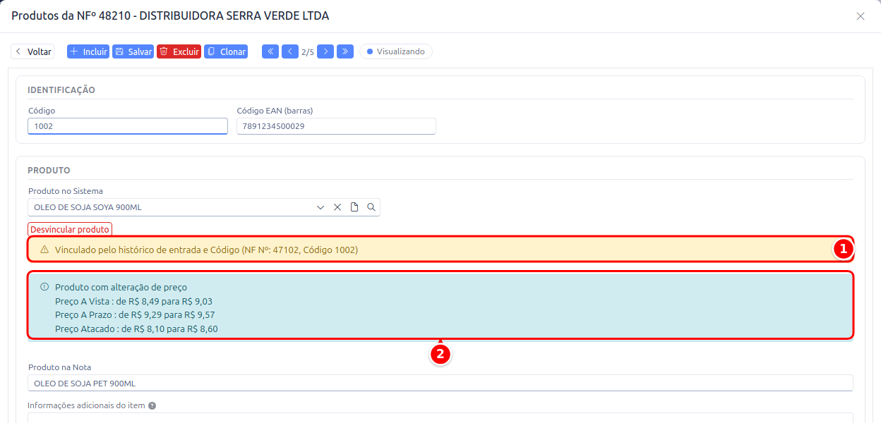 Item vinculado pelo histórico de entrada, com a mensagem em amarelo e o quadro de alteração de preço numerados de 1 a 2