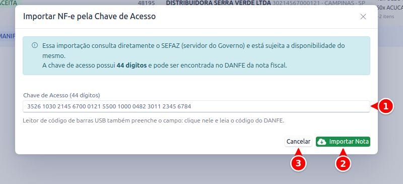 Janela Importar NF-e pela Chave de Acesso com o campo Chave de Acesso e os botões Importar Nota e Cancelar numerados de 1 a 3