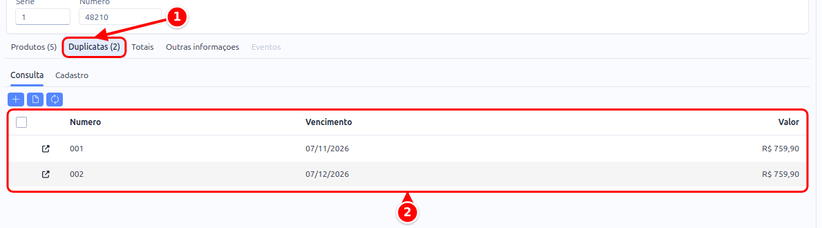 Aba Duplicatas da nota de entrada, com a aba e a lista de parcelas numerados de 1 a 2