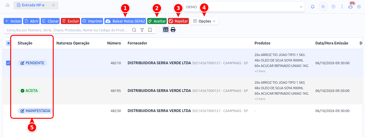 Listagem de Entrada NF-e com os botões Baixar Notas SEFAZ, Aceitar, Rejeitar e Opções e a coluna Situação numerados de 1 a 5