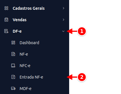 Menu lateral com DF-e e Entrada NF-e numerados de 1 a 2