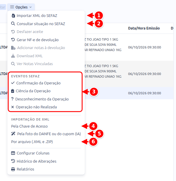 Menu Opções da Entrada NF-e com Importar XML do SEFAZ, Consultar situação no SEFAZ, os eventos do SEFAZ e as três importações de XML numerados de 1 a 6