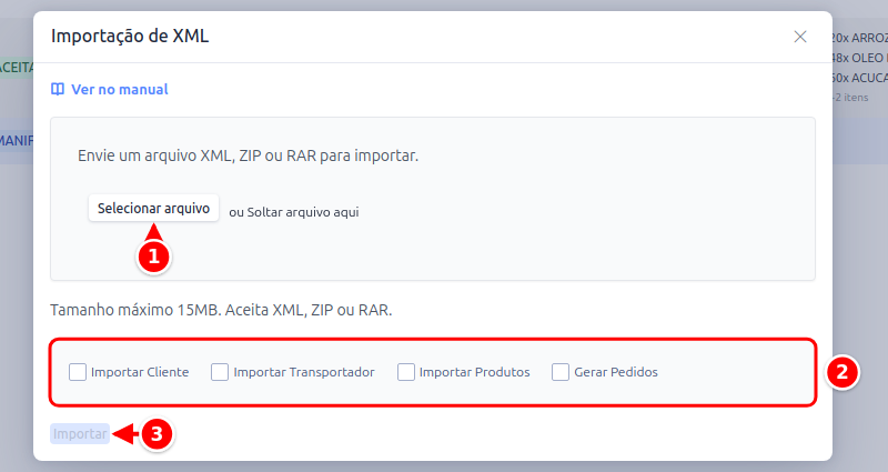 Janela Importação de XML com Selecionar arquivo, as opções de importação e o botão Importar numerados de 1 a 3