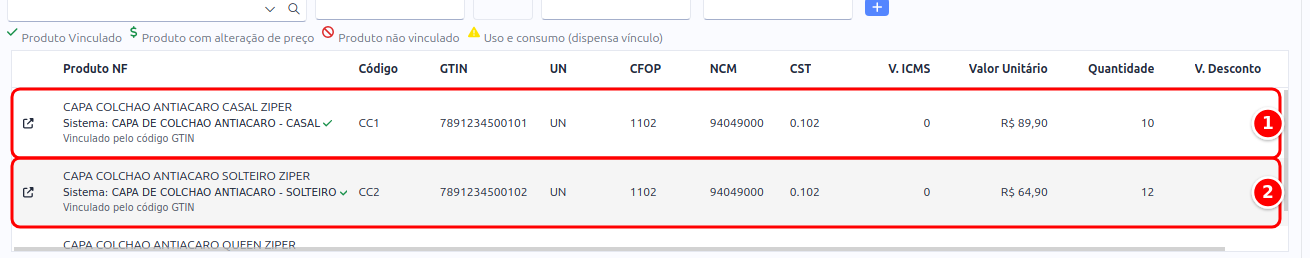 Itens da nota de entrada vinculados a variações, cada um apontando para a variação correspondente no sistema, numerados de 1 a 2