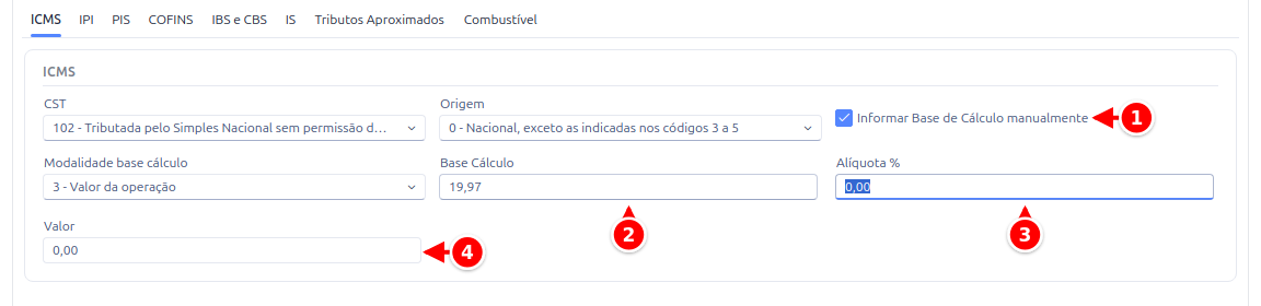 Aba ICMS do item com a opção Informar Base de Cálculo manualmente marcada, o campo Base Cálculo, a Alíquota % e o Valor numerados de 1 a 4