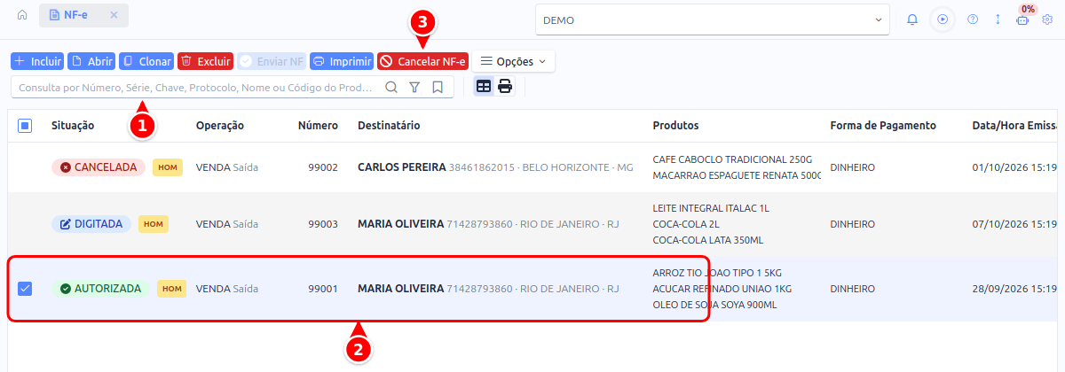 Listagem de NF-e com a busca, a nota autorizada selecionada e o botão Cancelar NF-e numerados de 1 a 3