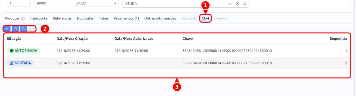 Aba CC-e da NF-e com a aba, os botões Incluir, Abrir, Atualizar e Imprimir e a lista de cartas numerados de 1 a 3