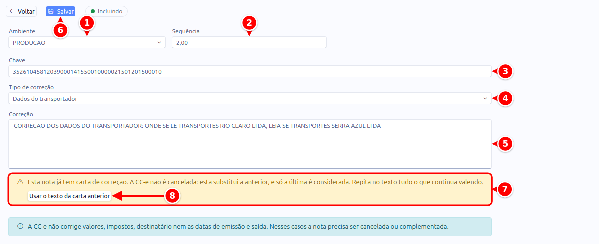Cadastro de CC-e com Ambiente, Sequência, Chave, Tipo de correção, Correção, Salvar e os avisos numerados de 1 a 8