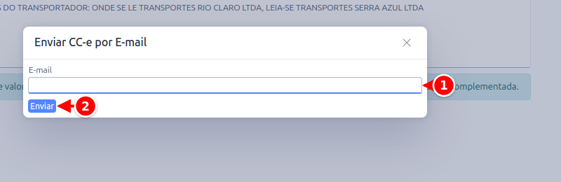 Janela Enviar CC-e por E-mail com o campo E-mail e o botão Enviar numerados de 1 a 2