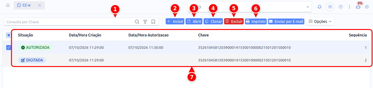 Listagem de CC-e com a busca, os botões Incluir, Abrir, Clonar, Excluir e Imprimir e a grade de cartas numerados de 1 a 7