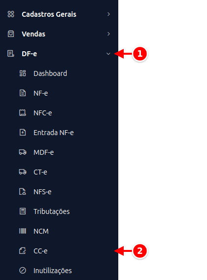 Menu lateral com DF-e e CC-e numerados de 1 a 2