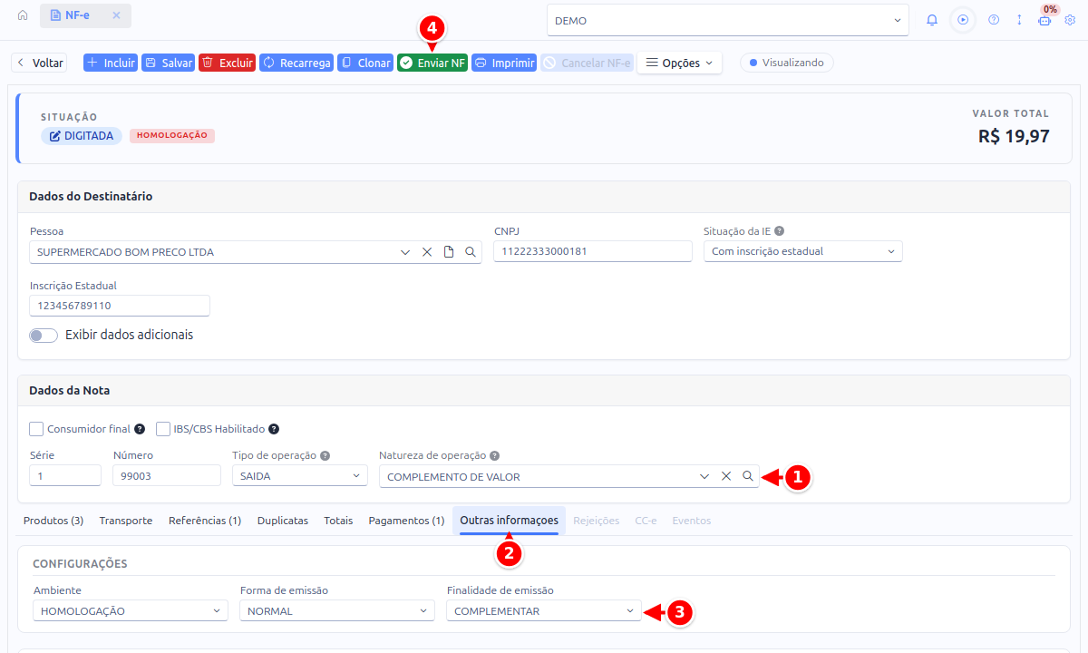 Nota complementar com a natureza de operação, a aba Outras informações, a finalidade de emissão COMPLEMENTAR e o botão Enviar NF numerados de 1 a 4