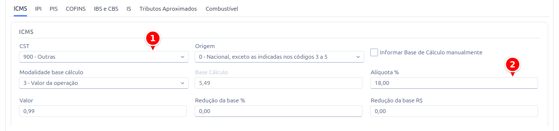 Aba ICMS do item da nota, com o CST 900 e a alíquota numerados de 1 a 2