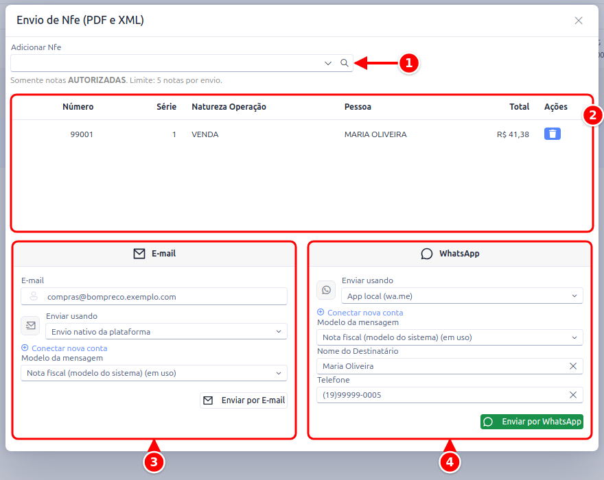 Janela Envio de Nfe com o campo Adicionar Nfe, a lista de notas e os quadros E-mail e WhatsApp numerados de 1 a 4