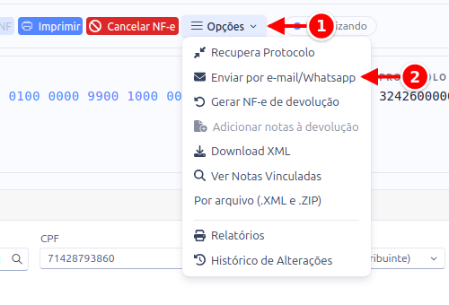 Nota aberta com o menu Opções e a opção Enviar por e-mail/Whatsapp numerados de 1 a 2