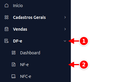Menu lateral com DF-e e NF-e numerados de 1 a 2