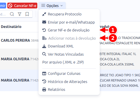 Menu Opções da NF-e aberto, com Gerar NF-e de devolução e Adicionar notas à devolução numerados de 1 a 2