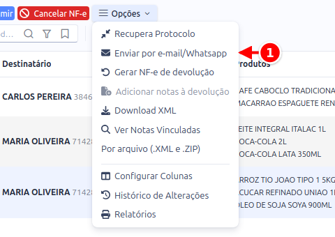 Menu Opções da NF-e aberto, com Enviar por e-mail/Whatsapp numerado com 1