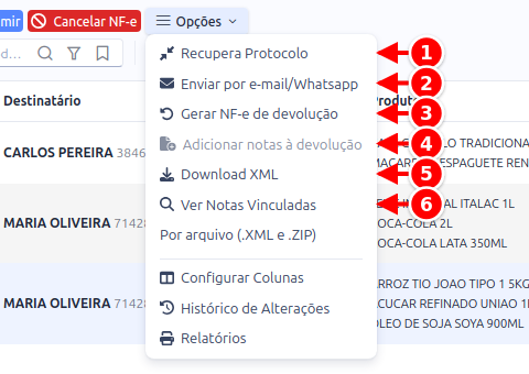 Menu Opções da NF-e aberto, com Recupera Protocolo, Enviar por e-mail/Whatsapp, Gerar NF-e de devolução, Adicionar notas à devolução, Download XML e Ver Notas Vinculadas numerados de 1 a 6