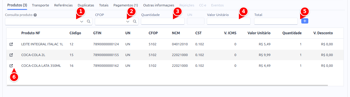 Aba Produtos da NF-e com a consulta de produto, o CFOP, a quantidade, o valor unitário, o botão de adicionar e a lista de itens numerados de 1 a 6