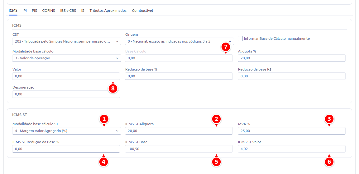 Item da NF-e com CSOSN 202, mostrando os blocos ICMS e ICMS ST numerados de 1 a 8
