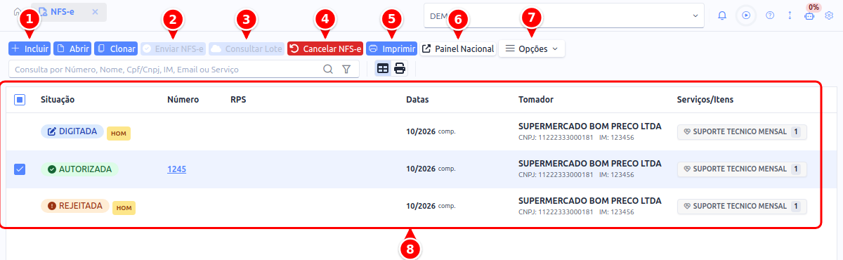 Listagem de NFS-e com os botões Incluir, Enviar NFS-e, Consultar Lote, Cancelar NFS-e, Imprimir, Painel Nacional e Opções e a grade numerados de 1 a 8