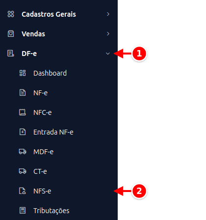 Menu lateral com DF-e e NFS-e numerados de 1 a 2