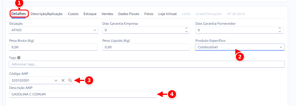 Aba Detalhes do cadastro do produto com Produto Específico Combustível, o Código ANP e a Descrição ANP numerados de 1 a 4