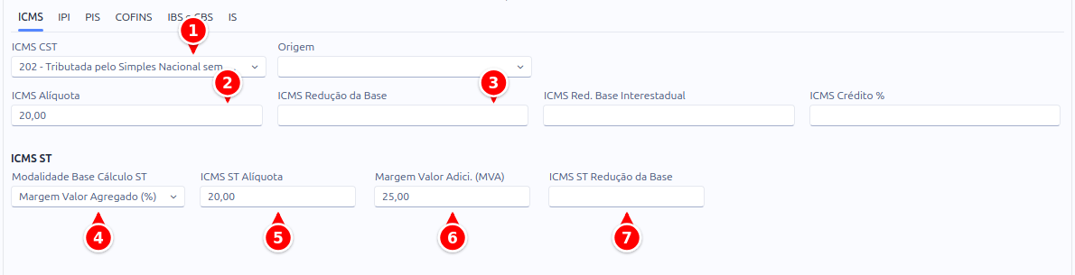 Aba ICMS de uma tributação, com os campos do bloco ICMS e do bloco ICMS ST numerados de 1 a 7