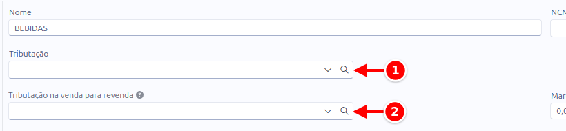 Cadastro da categoria com a tributação e a tributação na venda para revenda numerados de 1 a 2
