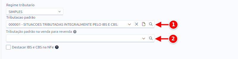 Aba DFe da configuração, com a tributação padrão e a tributação padrão na venda para revenda numerados de 1 a 2
