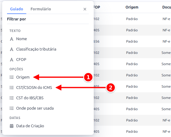 Filtros da listagem de tributações, com os campos Origem e CST/CSOSN do ICMS numerados de 1 a 2
