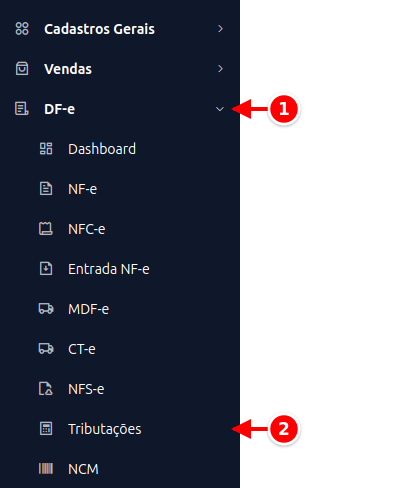 Menu lateral com DF-e e Tributações numerados de 1 a 2