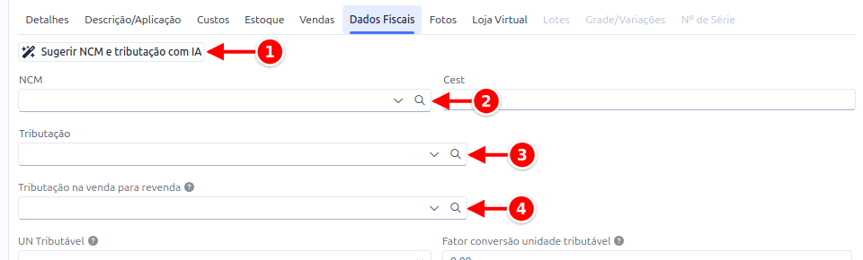 Aba Dados Fiscais do cadastro do produto, com o botão de sugestão com IA, o NCM, a tributação e a tributação na venda para revenda numerados de 1 a 4