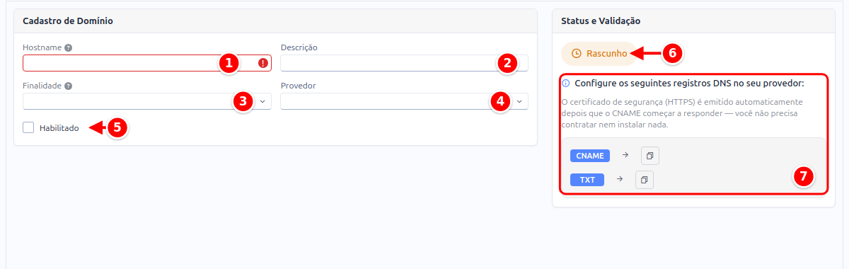 Cadastro de domínio com Hostname, Descrição, Finalidade, Provedor, Habilitado, a situação e os registros DNS numerados de 1 a 7