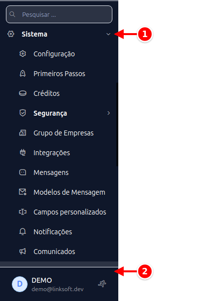 Menu lateral com Sistema e Domínios numerados de 1 a 2