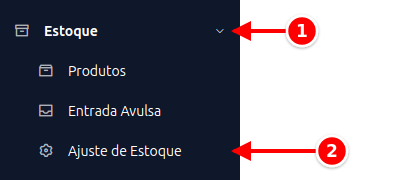 Menu lateral com Estoque e Ajuste de Estoque numerados de 1 a 2