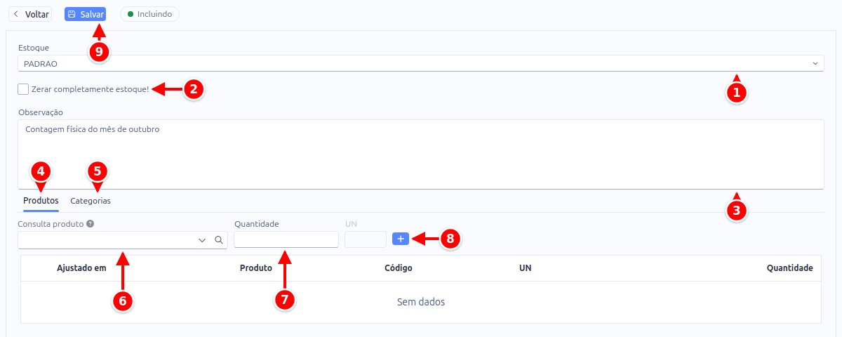 Cadastro de ajuste com Estoque, Zerar completamente estoque, Observação, as abas Produtos e Categorias, a consulta de produto, a quantidade, o botão de adicionar e o botão Salvar numerados de 1 a 9