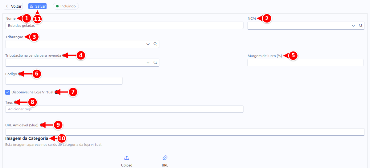 Cadastro de categoria com nome, NCM, tributação, tributação na venda para revenda, margem de lucro, código, disponibilidade na loja virtual, tags, URL amigável, imagem e botão Salvar numerados de 1 a 11