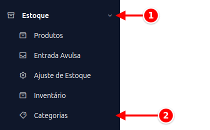 Menu lateral com Estoque e Categorias numerados de 1 a 2