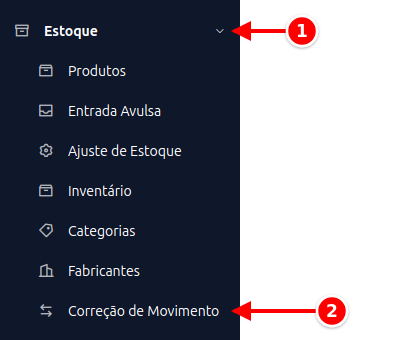 Menu lateral com Estoque e Correção de Movimento numerados de 1 a 2
