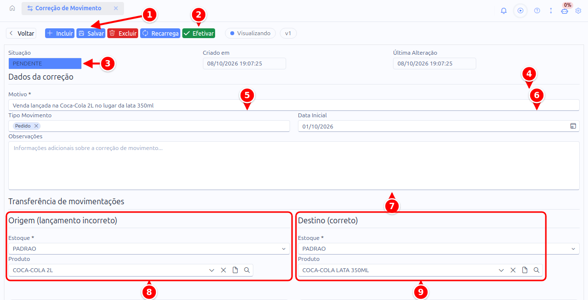 Cadastro de correção de movimento com os botões Salvar e Efetivar, a situação, o motivo, o tipo de movimento, a data inicial, as observações e os blocos Origem e Destino numerados de 1 a 9