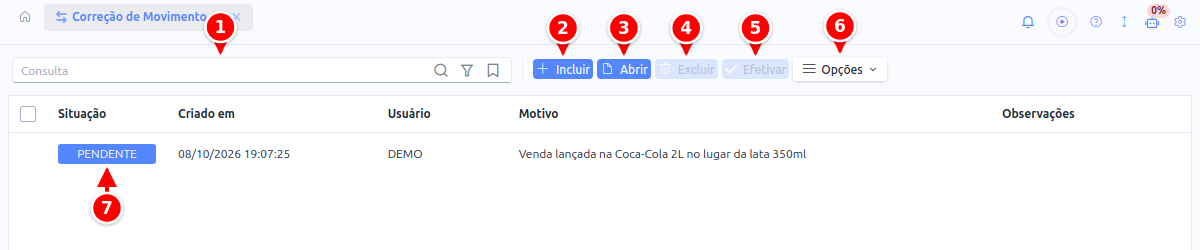 Lista de correções de movimento com a busca, os botões Incluir, Abrir, Excluir, Efetivar e Opções e a coluna Situação numerados de 1 a 7