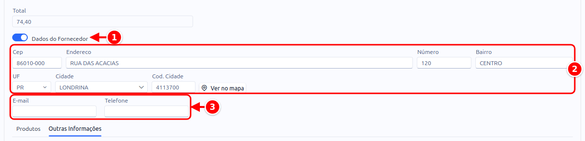 Dados do Fornecedor aberto, com o botão, o endereço e os campos de e-mail e telefone numerados de 1 a 3