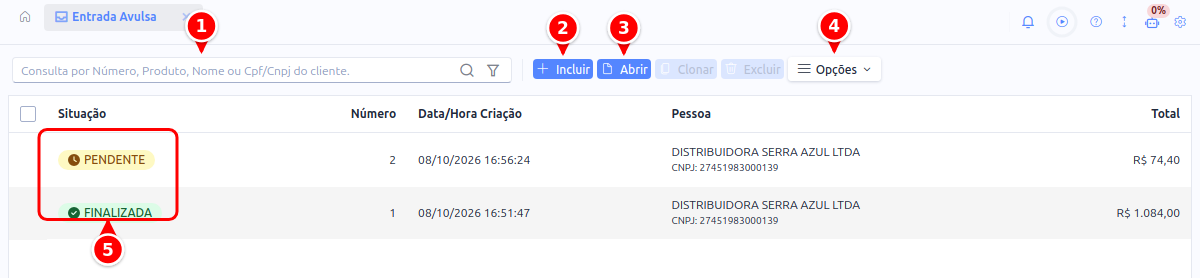 Lista de entradas avulsas com a busca, os botões Incluir, Abrir e Opções e a coluna Situação numerados de 1 a 5