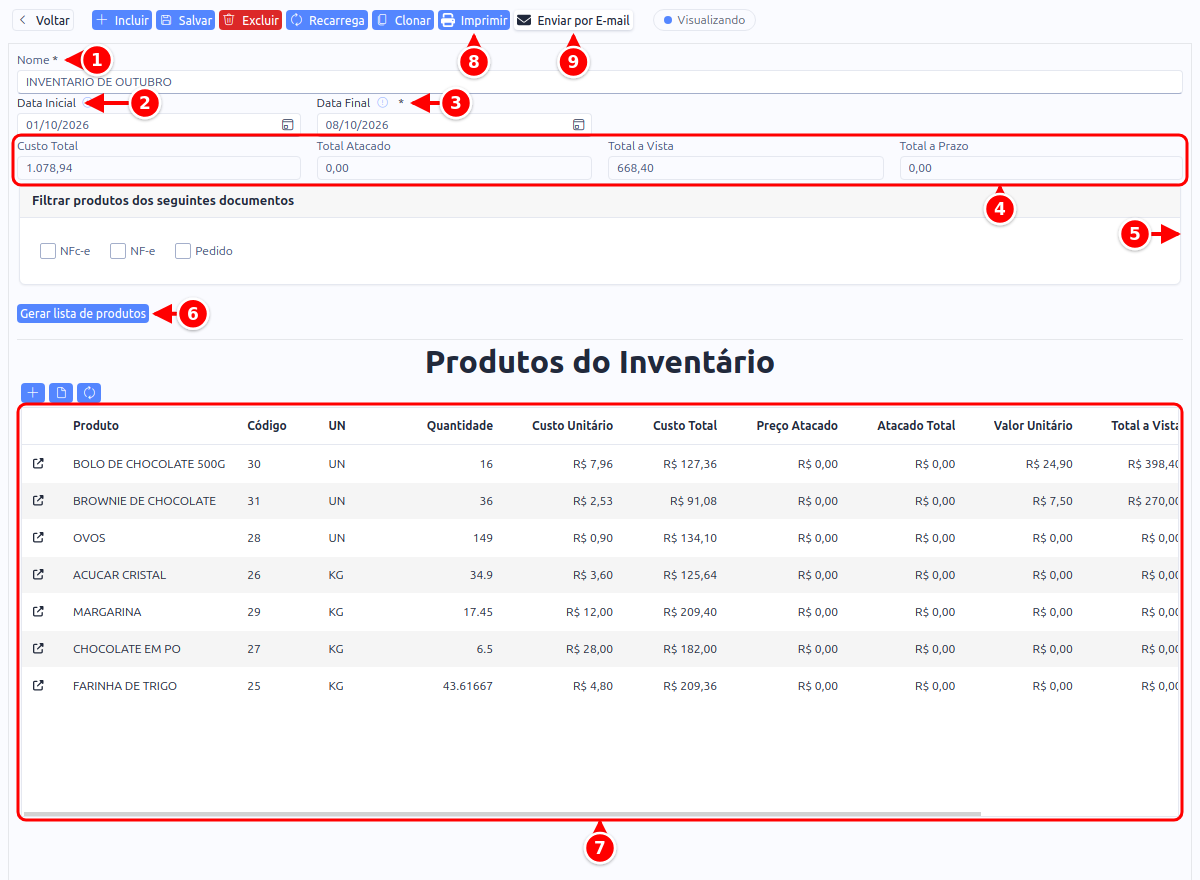 Inventário salvo com o nome, as datas, os totais, o filtro de documentos, o botão Gerar lista de produtos, a lista de produtos e os botões Imprimir e Enviar por E-mail numerados de 1 a 9