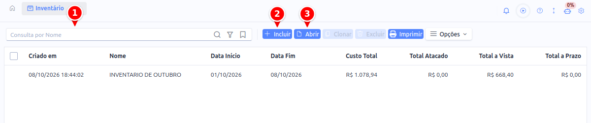 Lista de inventários com a busca e os botões Incluir e Abrir numerados de 1 a 3
