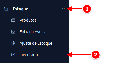 Menu lateral com Estoque e Inventário numerados de 1 a 2